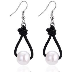 White Pearl Dangle Earrings on Genuine Leather Cord Hook Drop Bohemian Jewelry for Women