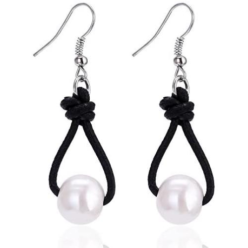 White Pearl Dangle Earrings on Genuine Leather Cord Hook Drop Bohemian Jewelry for Women