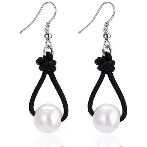 White Pearl Dangle Earrings on Genuine Leather Cord Hook Drop Bohemian Jewelry for Women White Pearl Dangle Earrings on Genuine Leather Cord Hook Drop Bohemian Jewelry for Women