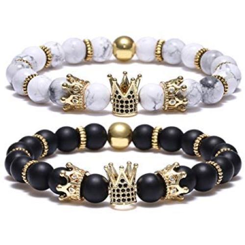 BOMAIL 8mm Crown King Charm Bracelet for Men Women Black Matte Onyx Natural Stone Beads Couple Jewelry