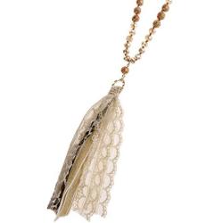 RIAH FASHION Bohemian Tassel Pendant Long Statement Necklace - Faux Suede Leather Fringe, Lace Charm Sparkly Crystal Natural Stone, Boho Wood Bead Long Chain