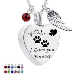 misyou Charms Urn Necklace for Ashes Dog Paw Prints Heart Necklace Stainless Steel Birthstone Keepsake Memorial Pet Cremation Jewelry