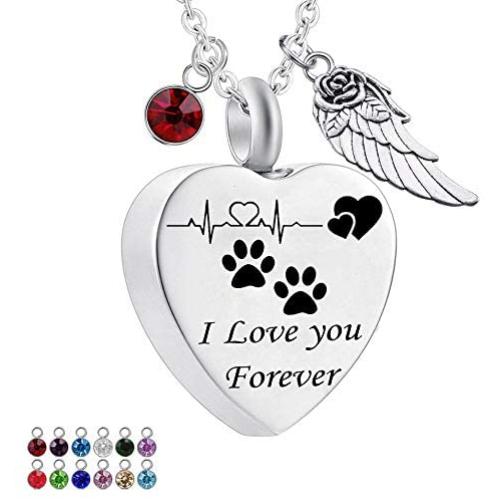 misyou Charms Urn Necklace for Ashes Dog Paw Prints Heart Necklace Stainless Steel Birthstone Keepsake Memorial Pet Cremation Jewelry