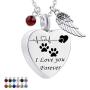 misyou Charms Urn Necklace for Ashes Dog Paw Prints Heart Necklace Stainless Steel Birthstone Keepsake Memorial Pet Cremation Jewelry