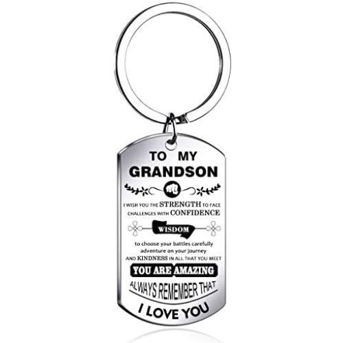 NOVLOVE Inspirational Keychain Dog Tag Pendant Keyring i wish you the strength to face challenges Grandson Gifts from Grandma Grandpa with birthday and Christmas gift, White