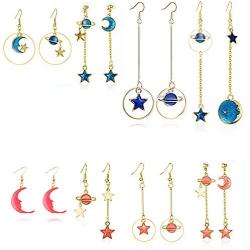 Gmillions Fashion 8 Pairs Moon and Star Earth Planet Drop Asymmetric Earrings Long Pendant Dangle Jewelry for Woman Girls