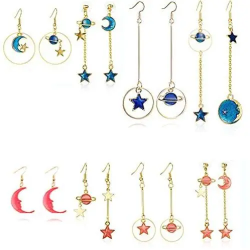 Gmillions Fashion 8 Pairs Moon and Star Earth Planet Drop Asymmetric Earrings Long Pendant Dangle Jewelry for Woman Girls