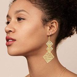 KaFu Lightweight Bohemia 14K Gold Chandelier Filigree Geometric Rhombus Earrings Hollow Cutout Drop Dangle Long Earrings for Women and Girls