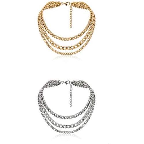 Pingyongchang Metal Gold Silver Color Thick Chunky Choker Chain Multi Layered Adjustable Length Necklace Exaggeration Oval Cuban Collar Statement Clavicle Necklace for Women Men Party Gifts Jewelry