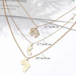 Twinklede Boho Layered Necklace Gold Elephant Pendant Necklaces Chain Nefertiti African Map Necklace Jewelry for Women and Girls (Gold 1)