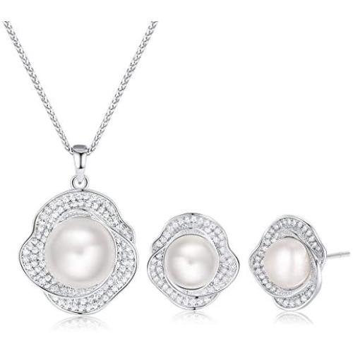 CDE Freshwater Pearl Jewelry Set for Wedding Anniversary 925 Sterling Silver Rose-Shaped Pearl Necklace and Earring with Cubic Zirconia Valentines Day Jewelry Gift Birthday Gift for Mom Women Wife Girls Her