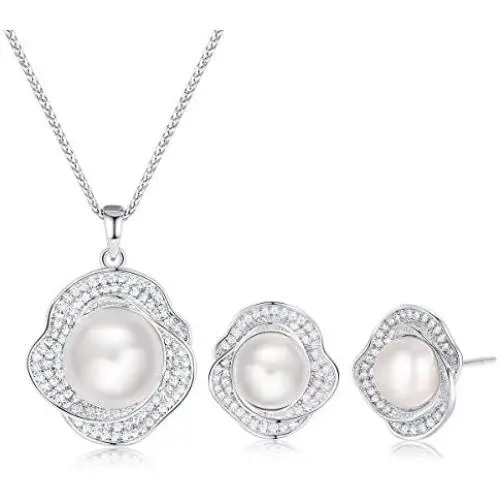 CDE Freshwater Pearl Jewelry Set for Wedding Anniversary 925 Sterling Silver Rose-Shaped Pearl Necklace and Earring with Cubic Zirconia Valentines Day Jewelry Gift Birthday Gift for Mom Women Wife Girls Her