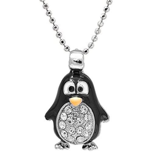 Spinningdaisy Silver Plated Round Body Cute Black Penguin Necklace