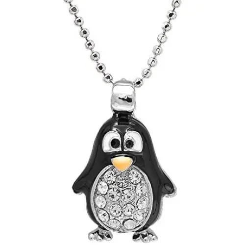 Spinningdaisy Silver Plated Round Body Cute Black Penguin Necklace