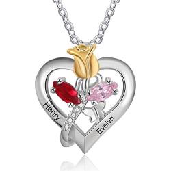 Personalized Rose Necklace for Women Custom Names Necklace Pendant with Simulated Birthstones Christmas Jewelry Gift Birthday Gift for Women Wife Girls Her