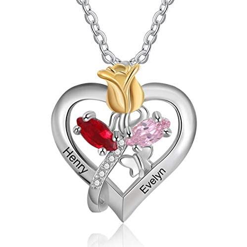 Personalized Rose Necklace for Women Custom Names Necklace Pendant with Simulated Birthstones Christmas Jewelry Gift Birthday Gift for Women Wife Girls Her