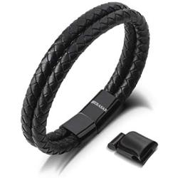 SERASAR | Premium Genuine Leather Bracelet for Men in Black | Magnetic Stainless Steel Clasp in Black, Silver and Gold | Exclusive Jewellery Box | Great Gift Idea