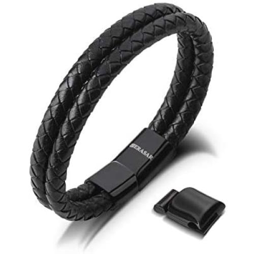 SERASAR | Premium Genuine Leather Bracelet for Men in Black | Magnetic Stainless Steel Clasp in Black, Silver and Gold | Exclusive Jewellery Box | Great Gift Idea