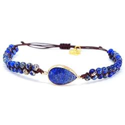 Lapis Lazuli Double Wrap Bracelets for Women - Adjustable Lapis Centerpiece Natural Stone Beads Bracelet - Stress Relief Natural Stone Leather Bracelet for Women, Girls & Teen