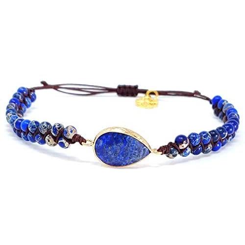 Lapis Lazuli Double Wrap Bracelets for Women - Adjustable Lapis Centerpiece Natural Stone Beads Bracelet - Stress Relief Natural Stone Leather Bracelet for Women, Girls & Teen