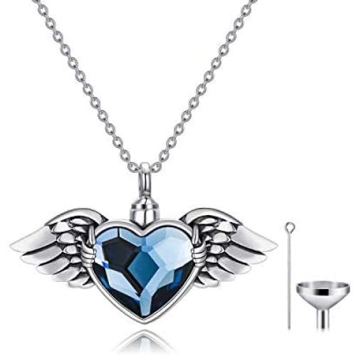 AOBOCO Angel Wing with Heart Urn Necklace for Ashes Sterling Silver Hold You in My Heart Cremation Memorial Keepsake Pendant with Heart Crystal