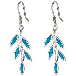 Sterling Silver Created Blue Opal Hawaiian Maile Leaf Dangle Earrings