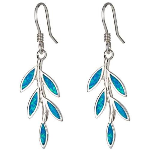 Sterling Silver Created Blue Opal Hawaiian Maile Leaf Dangle Earrings