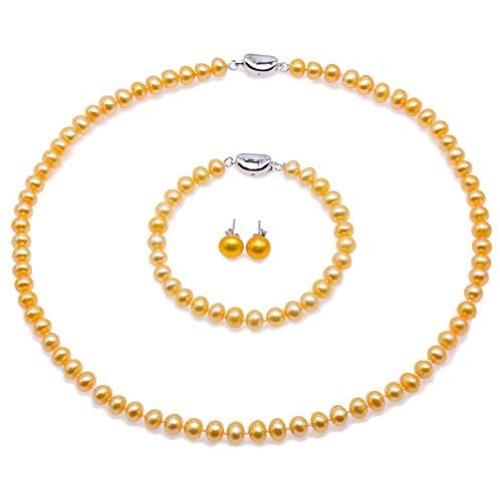 JYX Pearl Necklace Earrings Set 6-7mm AA Golden Freshwater Cultured Pearl Necklace Bracelet and Earrings Jewelry Set