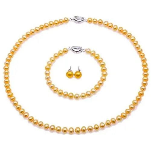 JYX Pearl Necklace Earrings Set 6-7mm AA Golden Freshwater Cultured Pearl Necklace Bracelet and Earrings Jewelry Set JYX Pearl Necklace Earrings Set 6-7mm AA Golden Freshwater Cultured Pearl Necklace Bracelet and Earrings Jewelry Set