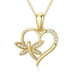 MOTIEL Heart Necklace 14K Gold Dragonfly Pendant Necklace Dragonfly Jewelry Gift with 5A Cubic Zirconia for Women Teen Girls Birthday