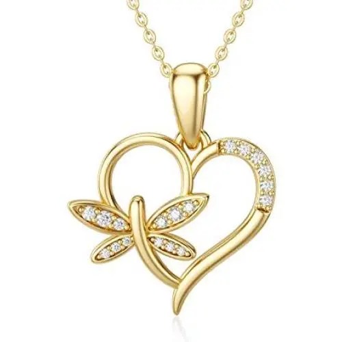 MOTIEL Heart Necklace 14K Gold Dragonfly Pendant Necklace Dragonfly Jewelry Gift with 5A Cubic Zirconia for Women Teen Girls Birthday