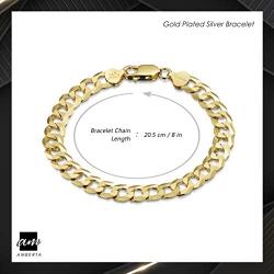 Amberta Plated on 925 Sterling Silver Bracelet - Various Styles - 8 mm Thick - Flat Cuban Curb Chain for Men - Length 8 Inch