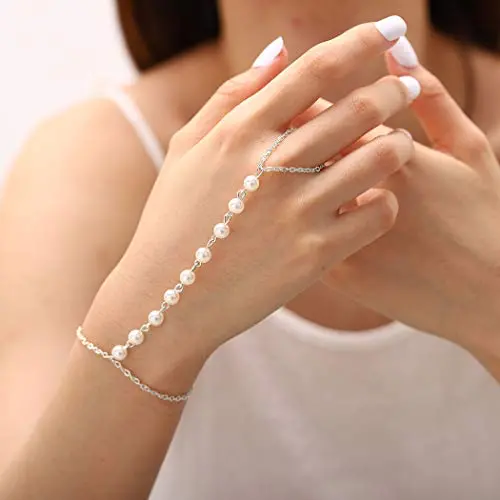 Yalice Pearl Finger Bracelet Ring Dainty Hand Chains Slave Finger Chain Jewelry for Women and Girls (Silver) Yalice Pearl Finger Bracelet Ring Dainty Hand Chains Slave Finger Chain Jewelry for Women and Girls (Silver)