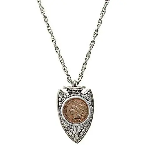 Indian Head Penny Silvertone Arrowhead Pendant
