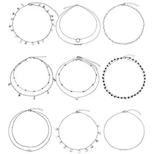 BBTO 9 Pieces Women Girls Layered Choker Necklace Sliver Layered Pendant Choker Jewelry Set (Style 1)