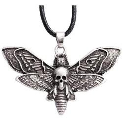 HAQUIL Skull Jewelry Alloy Skull Deaths-Head Hawkmoth Pendant Necklace with Leather Cord for Women and Girls, 19.8''