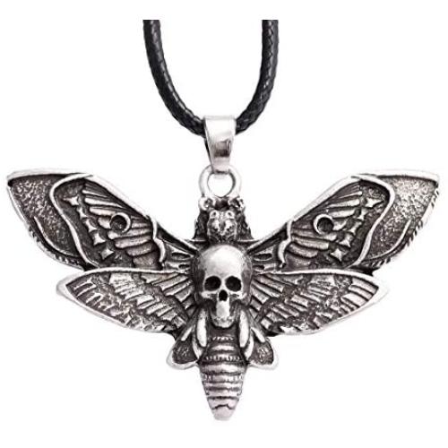 HAQUIL Skull Jewelry Alloy Skull Deaths-Head Hawkmoth Pendant Necklace with Leather Cord for Women and Girls, 19.8''