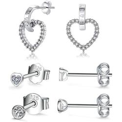 Sterling Silver Stud Earrings for Women Men, 3 Pairs Small Heart Shaped Drop Earrings | Round Cubic Zirconia Stud Earrings Set Dainty Cartilage Earring Tragus Piercing Dangler Jewelry for Girls Lady