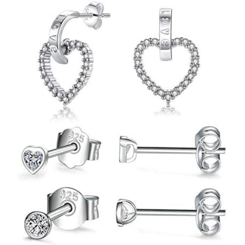 Sterling Silver Stud Earrings for Women Men, 3 Pairs Small Heart Shaped Drop Earrings | Round Cubic Zirconia Stud Earrings Set Dainty Cartilage Earring Tragus Piercing Dangler Jewelry for Girls Lady