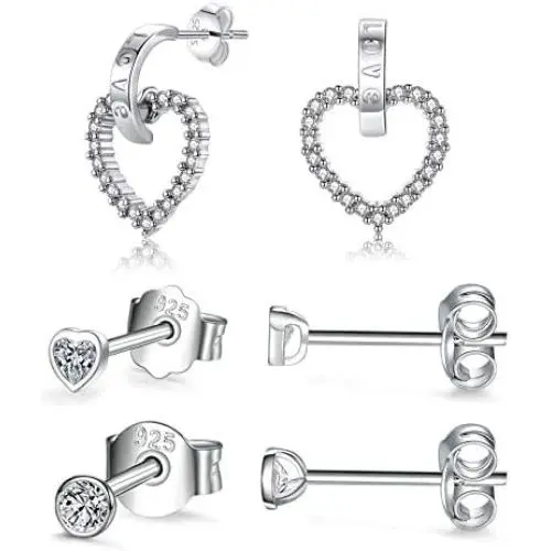 Sterling Silver Stud Earrings for Women Men, 3 Pairs Small Heart Shaped Drop Earrings | Round Cubic Zirconia Stud Earrings Set Dainty Cartilage Earring Tragus Piercing Dangler Jewelry for Girls Lady