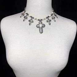 Gypsy Jewels 7 Stone Cross Western Style Scroll Detailed Silver Tone Statement Necklace & Earrings Set