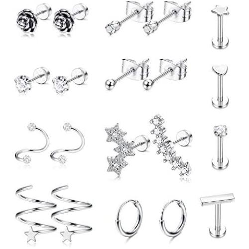 LOYALLOOK 16G 316L Stainless Steel Tragus Helix Cartilage Earrings Piercing Labret Lip Stud Earring Hoops for Men Women Body Piercing Jewelry