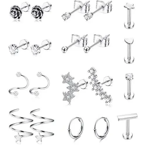 LOYALLOOK 16G 316L Stainless Steel Tragus Helix Cartilage Earrings Piercing Labret Lip Stud Earring Hoops for Men Women Body Piercing Jewelry