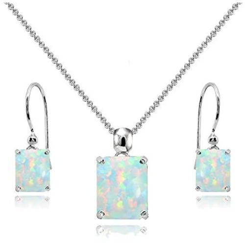 Sterling Silver Genuine or Synthetic Gemstone Octagon-Cut Solitaire Drop Dangle Earrings & Necklace Set