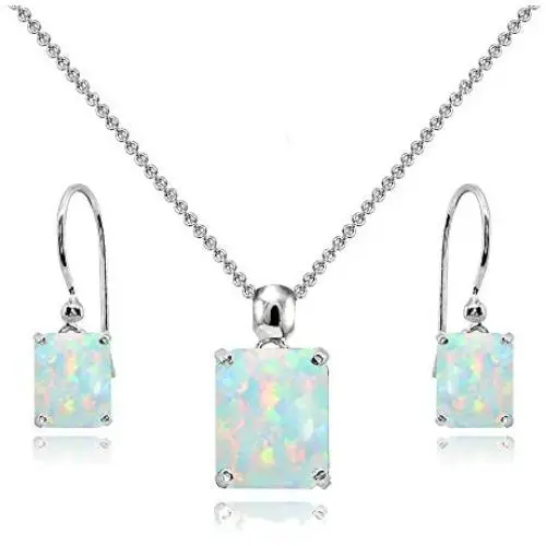 Sterling Silver Genuine or Synthetic Gemstone Octagon-Cut Solitaire Drop Dangle Earrings & Necklace Set Sterling Silver Genuine or Synthetic Gemstone Octagon-Cut Solitaire Drop Dangle Earrings & Necklace Set
