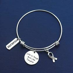 SIDIMELO Cancer Survivor Gift Cancer Fighter Gift Life is Tough But I am Tougher Cancer Awareness Inspirational Daily Reminder Awareness Ribbon Charm Cancer Survivor Bracelet