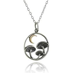 Sterling Silver Magical Mushroom Charm Necklace with Bronze Crescent Moon, 18'' Cable Chain