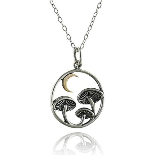 Sterling Silver Magical Mushroom Charm Necklace with Bronze Crescent Moon, 18'' Cable Chain