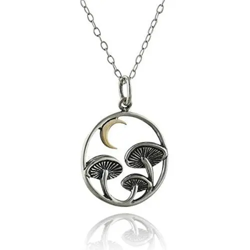 Sterling Silver Magical Mushroom Charm Necklace with Bronze Crescent Moon, 18'' Cable Chain Sterling Silver Magical Mushroom Charm Necklace with Bronze Crescent Moon, 18'' Cable Chain