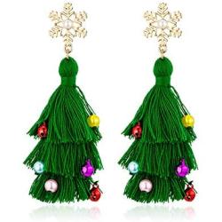 Lightweight Christmas Tree Tassel Beaded Earrings, Bohemian Dangle Drop Green Earrings, Twined with Colored Beads Earring for Women Girls Gift